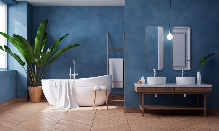 Luxurious Modern Bathroom interior design,white bathtub on grunge dark blue wall,3d render